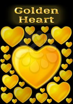 Valentine Holiday Background with Big and Small Shining Golden Hearts, Love Symbols on Black Background. Eps10, Contains Transparencies. Vector