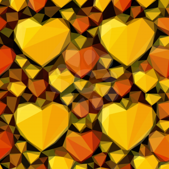 Abstract Background with Yellow and Orange Valentine Holiday Hearts, Polygonal Low Poly Design. Vector