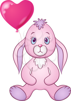 Cartoon Funny Rabbit, Cute Little Bunny, Siting with Valentine Heart Balloon in Paws, Holiday Symbol of Love, Isolated on White Background. Eps10, Contains Transparencies. Vector
