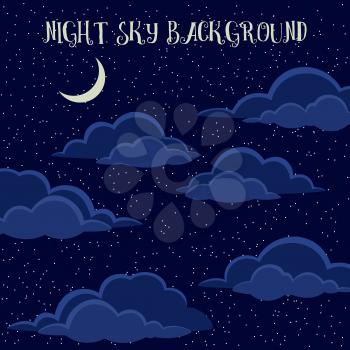 Cloudscape Background, Cumulus Clouds, White Stars and Light Moon on Dark Blue Night Sky. Vector