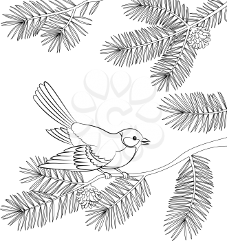 Bird Titmouse Sitting on Pine Tree Branch with Needles and Cones, Black Contour Isolated on White Background. Vector