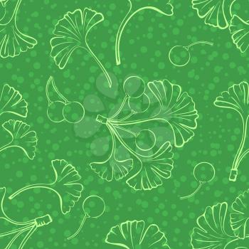 Seamless Background with Pictogram Leaves and Fruits of Ginkgo Biloba Tree and Confetti, Abstract Nature Pattern. Vector