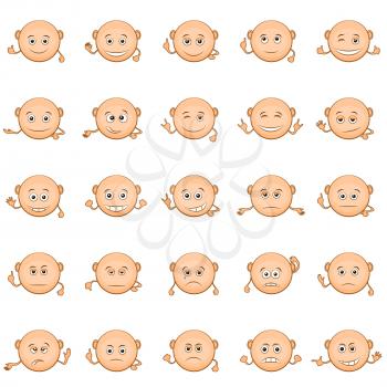 Set of Funny Round Bald Smilies with Hands, Symbolizing Various Human Emotions and Moods, Isolated on White Background. Vector