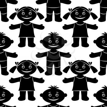 Seamless Pattern with Funny Children, Cartoon People, Happy Little Boys and Girls, Standing with Arms Wide Open and Smiling, Black Silhouettes Isolated on White Background. Vector