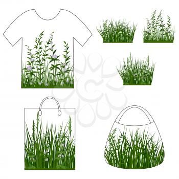 Set of Summer and Spring Landscape Elements, Green Grass and Lilac Flowers, Isolated on White Background, Presented in Tank Top, Shopping Bag and Handbag. Vector