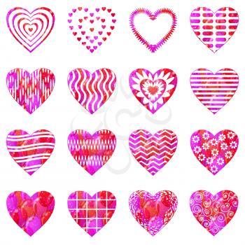 Set of valentine hearts with abstract patterns, holiday symbols of love, elements for web design. Eps10, contains transparencies. Vector