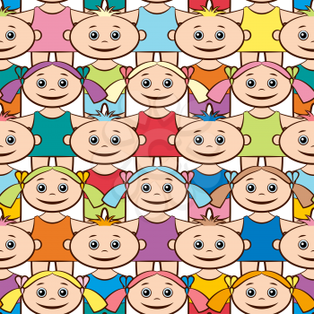 Seamless Background with Happy Cartoon Children, Funny Little Boys and Girls in Bright Clothes, Standing with Arms Wide Open and Smiling, Tile Pattern for your Design. Vector
