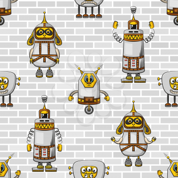 Seamless Background for Your Design with Different Cartoon Robots on Steel Grey Wall, Tile Pattern with Cute Funny Characters. Vector