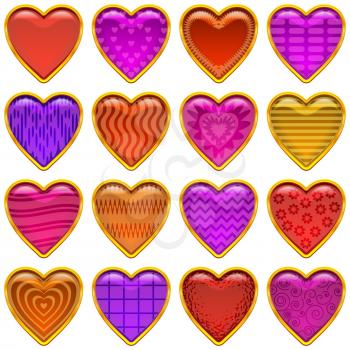 Set of Multicolored Buttons with Different Patterns and Gold Frames, Valentine Hearts, Love Symbols. Eps10, Contains Transparencies. Vector