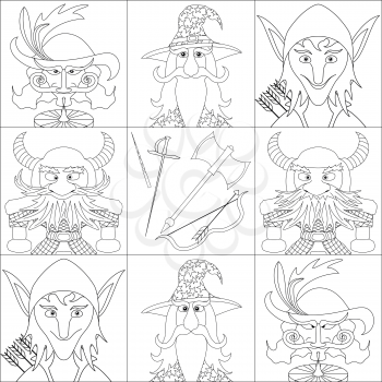 Avatar faces of fantasy brave heroes: elf, dwarf, wizard and noble cavalier, funny comic cartoon user icons and weapons of heroes, set, black contour on white background. Vector