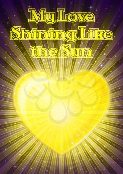 Love Symbol, Golden Shining Valentine Heart with Yellow Radial Rays on Black Background with Stars. Eps10, Contains Transparencies. Vector