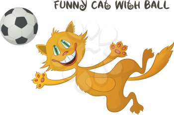 Cartoon Red Cat, Funny Pet, Smiling and Jumping for a Soccer Ball, Isolated on White Background. Vector