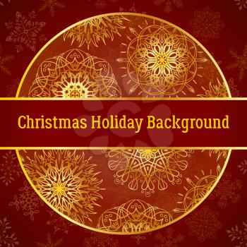 Holiday Christmas Background, Golden Decorated Circle on Red Pattern with Snowflakes, Illustration for Your Design