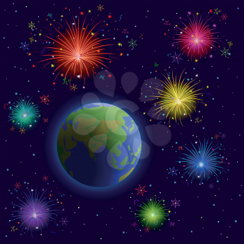 Space, planets mother Earth, holiday firework and stars. Vector