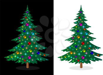 Green Christmas Fir Tree with Bright Colourful Balls and Magic Stars, Holiday Winter Symbol, Isolated on White and Black Background. Eps10, Contains Transparencies. Vector