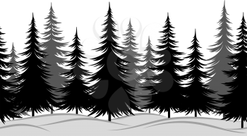 Christmas Horizontal Seamless Background, Winter Landscape with Black and Grey Fir Trees in Snow. Vector