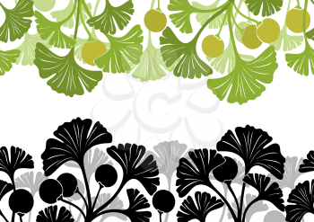 Seamless Background with Colorful and Black and Grey Pictogram Leaves of Ginkgo Biloba Tree, Nature Pattern, Isolated on White. Vector