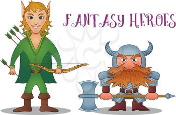 Fantasy Heroes, Elf Archer with Bow and Arrows and Dwarf, Warrior in Armor with Helmet and Battle Ax, Funny Comic Cartoon Characters. Vector