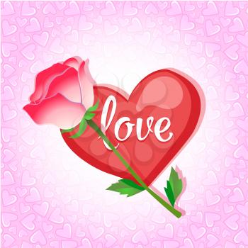 Greeting card with heart and rose on a pink background