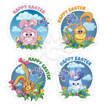 Set sticker with rabbit and text happy Easter 