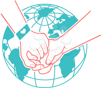 helping hands, support, rescue, aid to the background of the world. Icon in a linear style