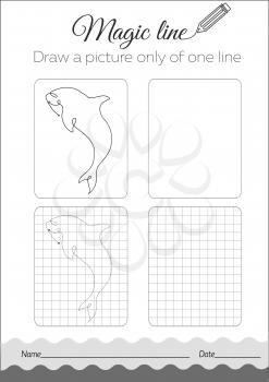  Black and white сoloring book  for children. coloring book education. Task: Draw a picture only of one line  fish, dilfin