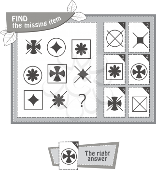  Visual Game for children summer. Task: find the missing item shape. Black and white vector illustration