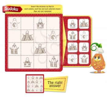Sudoku game for children and adults with pictures kitchen aprons. Kids activity sheet. Training logic, iq, educational game