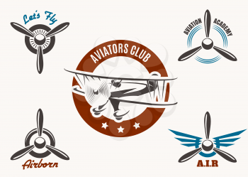 Retro aviation and pilot club badge and label set. Free font used. Isolated on white.