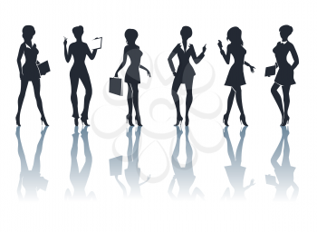 Set of six businesswomen silhouettes with accessories and shadows. Isolated on white.
