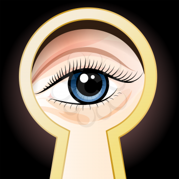 Female blue eye peeping through a keyhole.