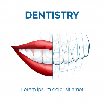 Illustration of human mouth, lips and teeth and dental tomography for your dentistry  logo etc