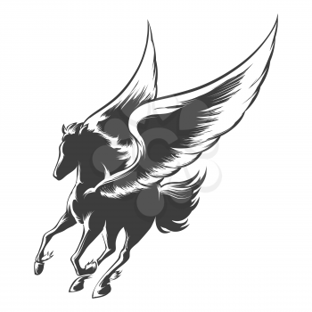 Winged horse Pegasus. Illustration in engraving style.