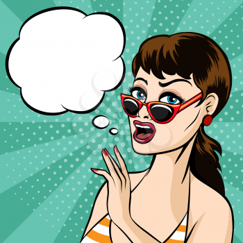 Pop art retro woman in glasses with empty speech bubble for your text. Retro comics style