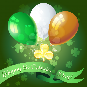 Saint Patricks Day festive greeting card with golden shamrock and balloons.