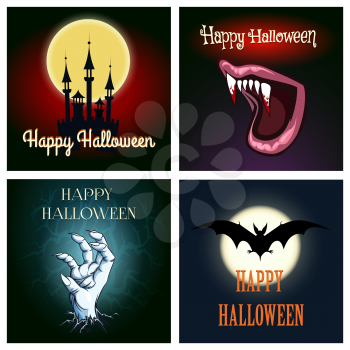 Happy halloween card set.  Flying bat, deadman hand, vampire teeth and Dracula castle with Halloween wording. Free font used.