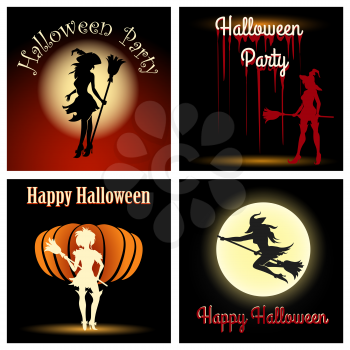 Halloween Theme Set. Witches silhouettes with wording Happy Halloween and Halloween Party. Free font used.