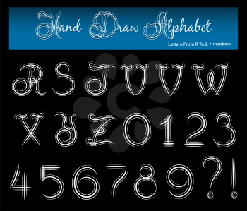 Hand draw alphabet. Letters from r to z and numbers. Isolated on black background.