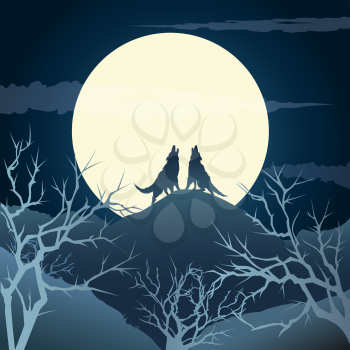 The howling wolves on a hill against full moon. 