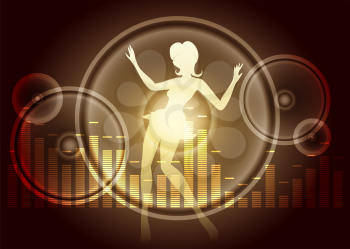 Graphic equalizer with loud speakers and dancing silhouette on dark background.