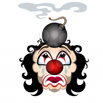 Comic illustration of the sad clown with the lit bomb on his head. Isolated on white background.