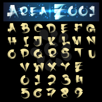 Unique hand draw alphabet. Capital letters from A to Z and numbers. Isolated on black background.