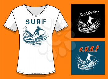 T-Shirt Print in three color variations. Surfing Print Design with samples of text. Only free font used. 