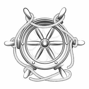 Illustration of steering wheel with ropes. Engraving style. Isolated on white background.