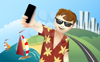 Illustration of young man making selfie during vacation time.