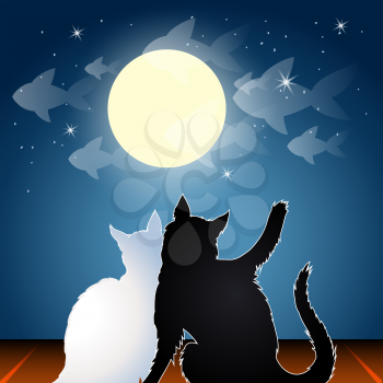 illustration of  cat couple sitting on a roof and dreaming about tasty fishes