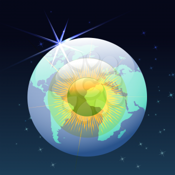 vector illustration of  human eyeball with world geographic contours which flying in a space