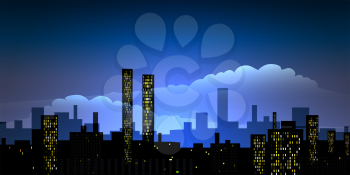 Illustration of urban night sityscape against cloudy sky
