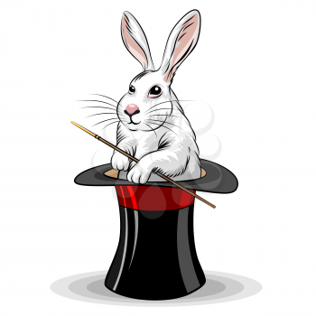 Illustration of rabbit in magic hat drawn in cartoon style
