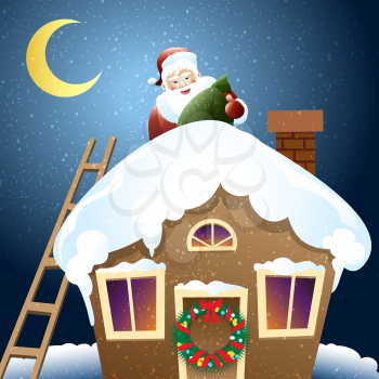 vector illustration of Santa Claus with gift on a roof